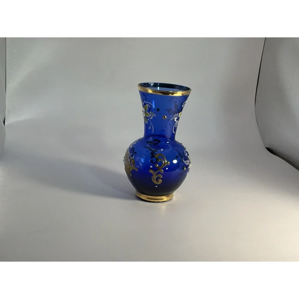 Cobalt Glass Blue Raised Enamel Floral Painting Gilded Gold‎ Filigree